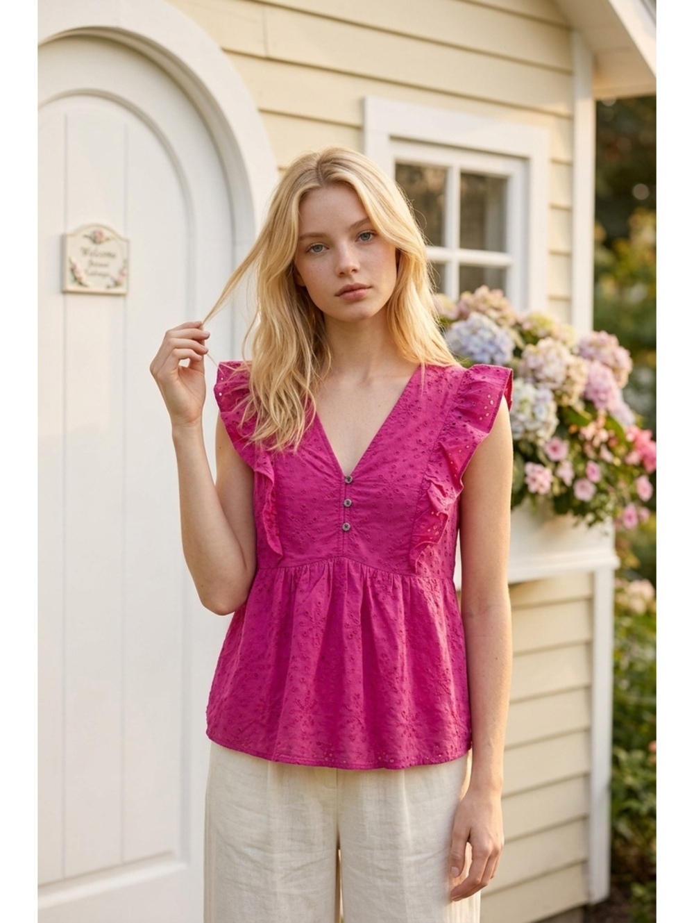 LOFT Women's Pink Eyelet Ruffle Sleeve V-Neck Button Front Blouse Size Small